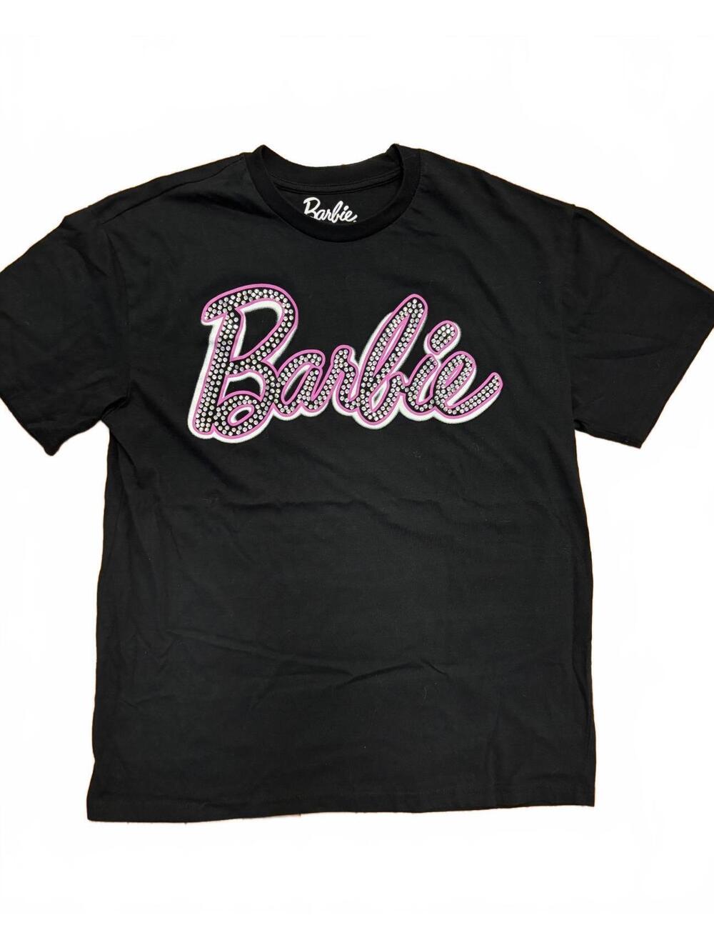 Barbie Black Graphic T-Shirt with Rhinestone Logo, Size Large